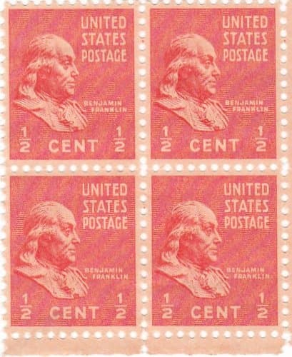 Scott # 803 Benjamin Franklin 1/2 Cent 1938 Block of 4 Orange Unused