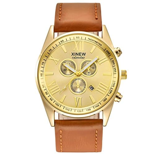 Clearance Watch Sunday77 Men's Date Multi-Function Chronograph Engraving Dial Buckle Quartz Number Skeleton with Steel Stainless Bracelet Sport Business Adult (Brown*)