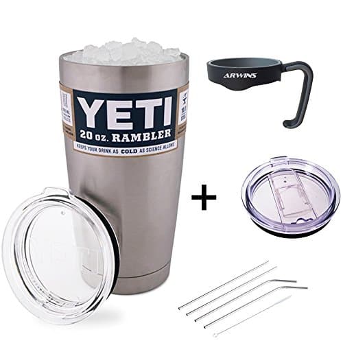 Yeti Rambler Tumbler Bundle With Drink Accessory Kit Gift Set - Non Slip Grip Handle, No More Spills Slider Lid, 4 Stainless Steel Straws and Cleaning Brush. Drinking Accessories Also Fit RTIC Rambler