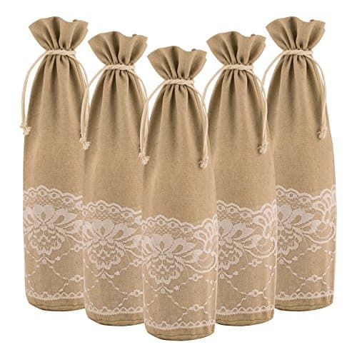 Burlap &amp; Lace Wine Bag with Drawstring tie (PACK OF 5)