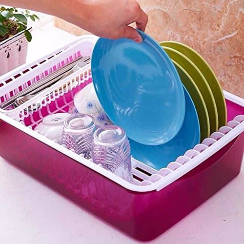 SSBY Dish rack plastic drain rack double large rack with cover table cutlery storage box,Wine Red