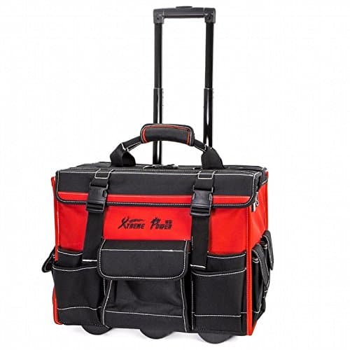 18" Rolling Tool Bag With Wheels Portable Heavy Duty Telescoping Handle Technician Carpenter Mechanics Electrician Storage Organizer Tote Pouch Backpack Large Main Compartment For Easy Tool Access