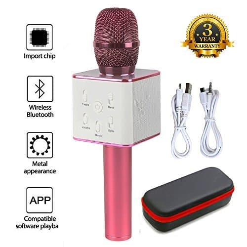 Mic 3-in-1 Bluetooth Magic Karaoke Machine Wireless Microphones Handheld Speaker For Apple iPhone Android Smartphone PC Music Playing Singing Home KTV (Q7 Pink)