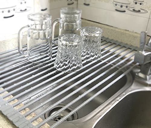 Dish Drying Rack Foldable Over The Sink Silicone Multipurpose Roll-Up Easy to Store Stainless Steel KKSHINE 20x13” Gray Mat