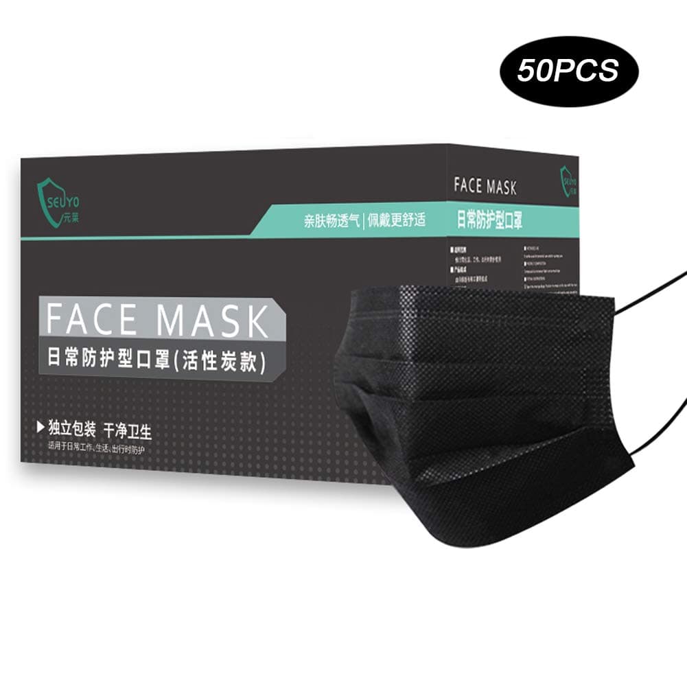 Disposable Face Masks 4 Layer Activated Carbon Filter Breathable Dust Filter Masks Mouth Cover Masks with Elastic Ear Loop, 50 Pack (Black)