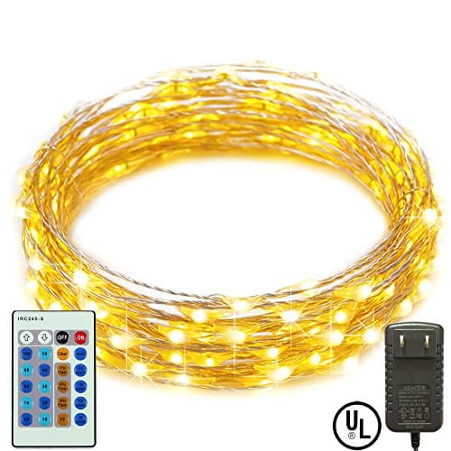 RcStarry(TM){120LED 40Ft}Dimmable String Lights,120 LED Starry String Lights on 40Ft Silver Wire + Power Adapter with Multi-Function Remote Controller for Christmas, Weddings, Parties(Warm White)
