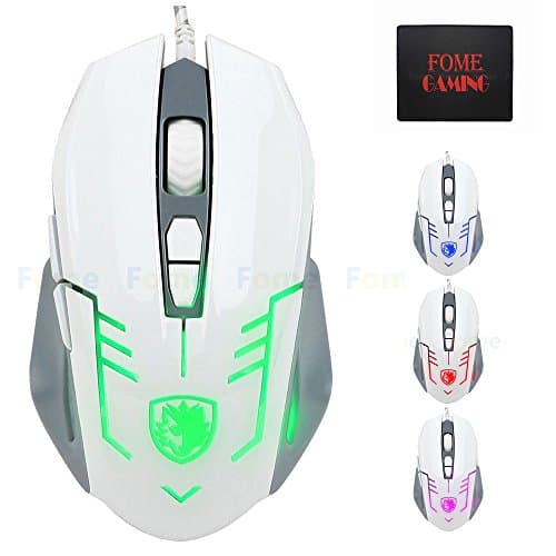 USB Wired Gaming Mouse, New Version, FOME GAMING Cataclysm USB PC Gaming Mouse Mice 500/1000/1750/2500 DPI Omron Micro Switches 6 Buttons with 4 Color LED Light (White)+ FOME GAMING Mouse Pad
