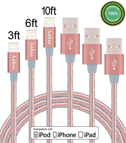 Anbso 3Pack 3FT 6FT 10FT Lightning to USB Cable Charger with 8-Pin Connector Compatible with iPhone 6/ 6 Plus/ 6s/ 6s Plus /5/5s/5c/iPad/iPod and More (Rose Golden)