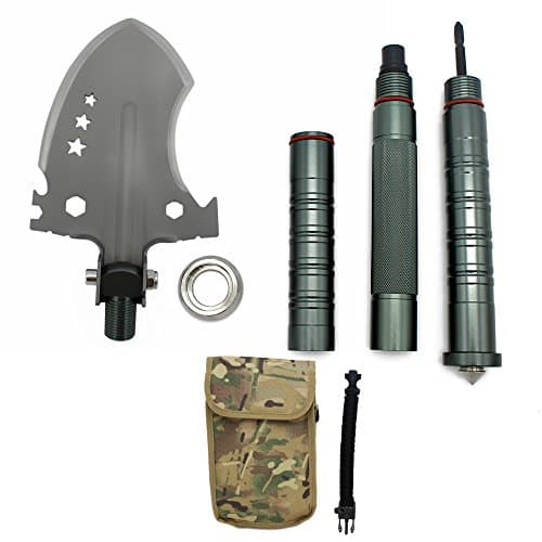 Tactical Folding Compact Shovel for Multipurpose Use with Several Functions for Hiking, Camping, and Survival - Bundled with Chord Bracelet Flint Starter