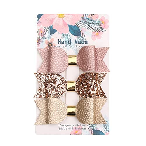 Leono 1PCS PU Leather Leather Bow Three-Piece Sequin Bow Bow Clip Hairpin Hairpin for Children Girls (Gold)