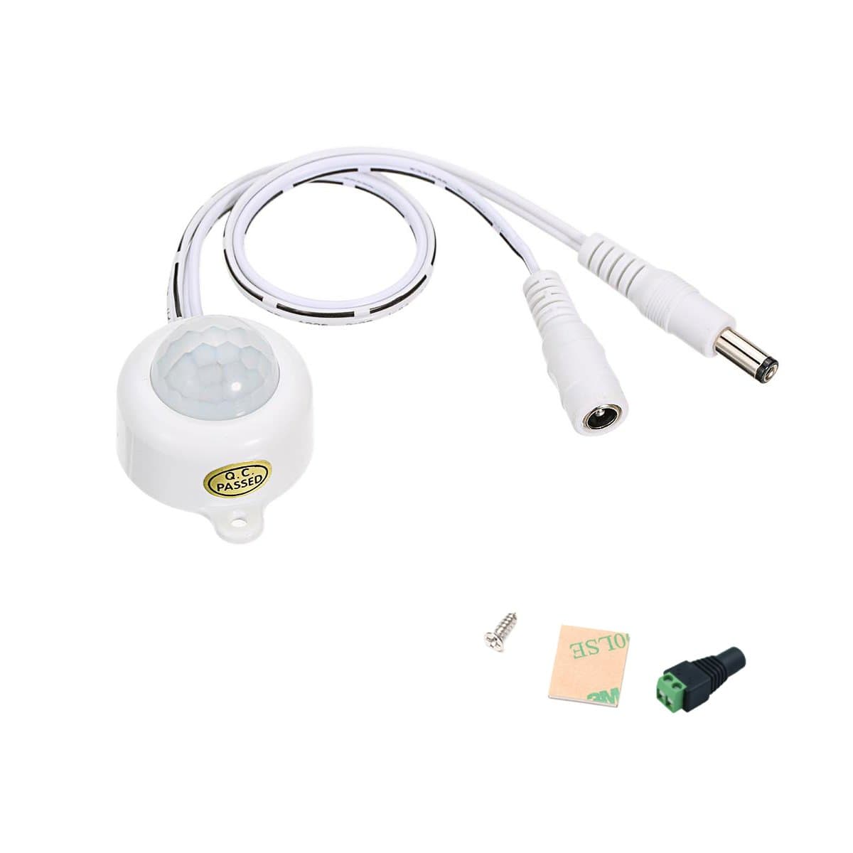 COOLWEST Motion Sensor Switch DC 5-24V 5A LED Strip Light Human Induction Detector with Time Adjustable DC power plug - White [Energy Class A]