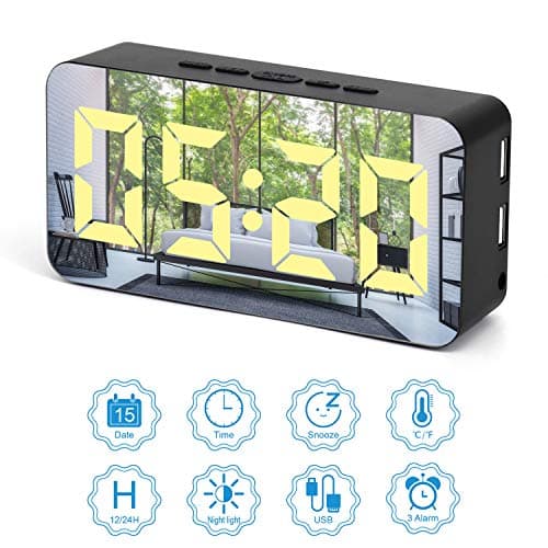 Digital Alarm Clock, LED Adjustable Brightness Voice Control Mirror Effect Desk Alarm Clock with Day/Date/Temperature and Humidity Detection USB/Battery for Bedroom School Travel(Black)