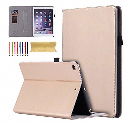 iPad Air/Air 2 Case, iPad 9.7 2017 2018 Case, Uliked Smart Vintage PU Leather Auto Wake/Sleep Stand Folio Cover with Hand Strap Stylus/Card Slots for Apple iPad 5th/6th Generation, iPad Air 1/2, Gold