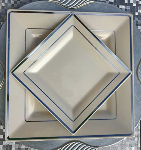 Square Off-White Disposable/Reusable Plastic Plates With Silver Rim 20 Pack-10 (9.5 Inch) Dinner + 10 (6.5 Inch) Dessert/Salad for Wedding Anniversary Christening all Events and Parties
