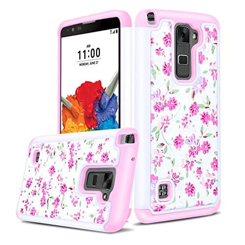 LG Stylo 2 Plus Case, LG Stylus 2 Plus Case, Heng Tech (TM) Flower Studded Rhinestone Crystal Bling Hybrid Armor Case Cover for LG G Stylo 2 Plus / LG Stylus 2 Plus (White / Pink)