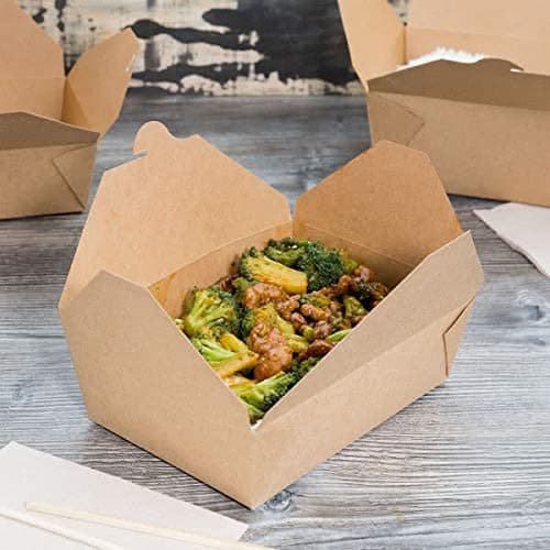 [50 Pack] Disposable Take Out Container 8 1/2" x 6" x 2 1/2" Kraft Microwavable Disposable Folded Paper #3 Take-Out Container