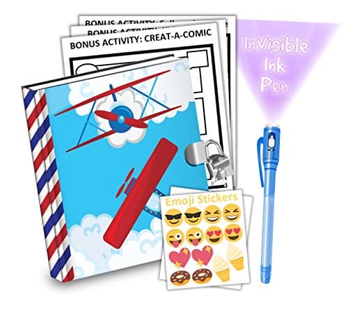 Airplane Kids Diary With Lock Includes 6.5 Inch Diary, Invisible Ink Pen, Stickers, &amp; Bonus Activity Pages