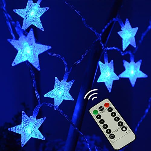kingleder Blue Star LED Fairy Light, Remote Control Five-pointed Shaped LED String Light for Christmas Weddings Family Festival Birthday Party Kid Room Decoration(25ft, 50LED)