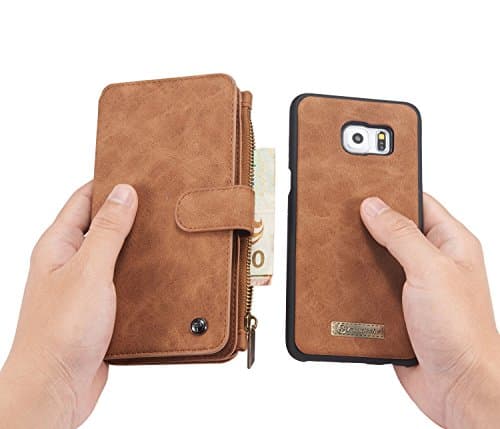 Galaxy S6 Edge Plus Case, Galaxy S6 Edge Plus Wallet Case, Hoosam(TM) Leather wallet case Large Capacity 14 Slots Detachable 2-in-1, Button + Zipper + Magnet , for samsung Galaxy s6 Edge plus (Brown)
