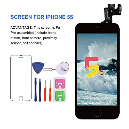 For iPhone 5S Screen Replacement With Home Button - MAFIX Full Pre-assembly LCD Display Digitizer Touch Screen Kit Include Repair Tools &amp; Screen Protector, Black