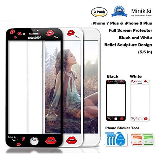 MiniKIKI iPhone 7/8 Plus Glass Screen Protector, 3D Full Screen Coverage, 2 Packs--Black and White Color with Sexy Lips, Creative Relief Sculpture Design,9H Hardness, Great for your Lovers, Friends