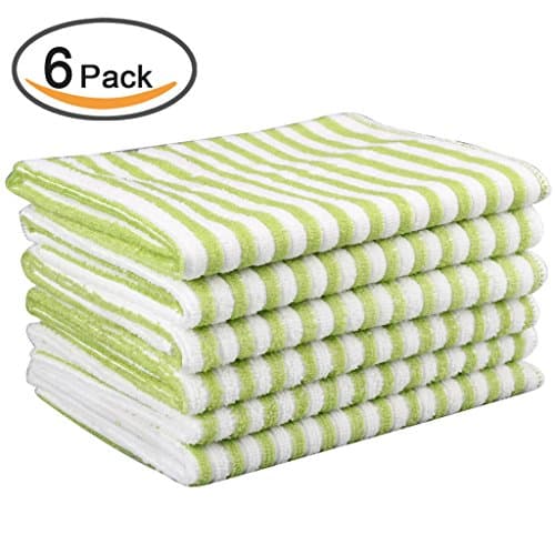 Kleanner Microfiber Striped Kitchen Dish Towel Tea Towel, Multi-purpose Aborbent and Fast Dry Cleaning Towel, Size 15 x 19 Inch, Set of 6 Packs ( Light Green)