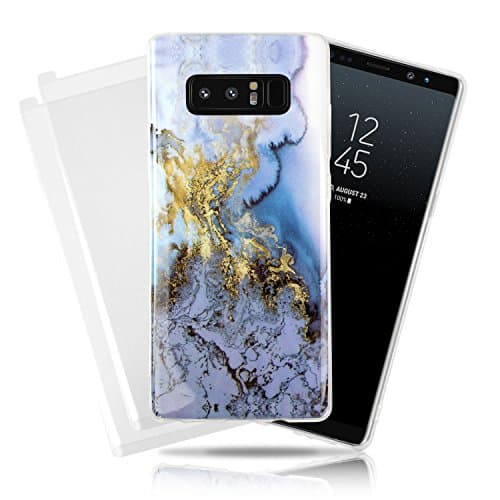 Stone Marbled Pattern Case, SkylerShield Samsung Galaxy Note 8 Soft Gel Case, Gold/Blue Marble Pattern TPU Full Protection Bumper Includes 2pk of Tempered Glass Bundle Case for Samsung Galaxy Note 8