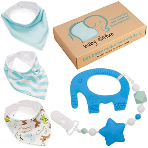 Easter Gifts For Boys - Unique Matching Set of Teether Pacifier Clip, Blue Elephant Teething Toy, 3 Pack Bandana Drool Bibs, 100% Safe BPA Free Silicone, Best for 0 3 6 Months Old Newborn Infant