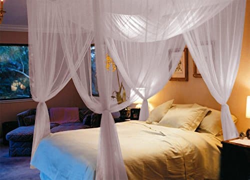 QSTREAM Four Corner Post Elegant Mosquito Net Bed Canopy Set, Beige, Full/Queen/King, 86.6x78.7x98.4 Inches