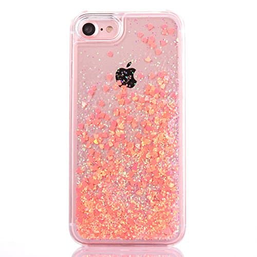 iPhone 7 Plus case, iPhone 8 Plus case,Myckuu Liquid, Cool Quicksand Moving Stars Bling Glitter Floating Dynamic Flowing Case Liquid Cover for Iphone 7/8 Plus (orange heart)