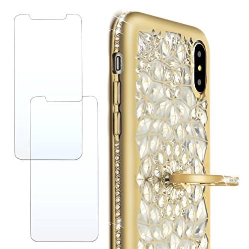 Luxury iPhone x Glitter Case bling with ring Diamond for apple iphonex Cover 3D crystal spark i phone 10 iphonexcase with 2 pcs tempered glasses