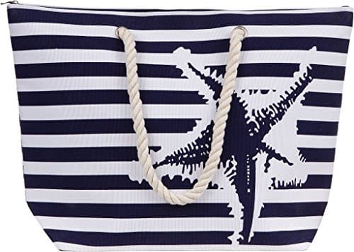 Large Water Resistant Canvas Striped Beach Bag - Inside Lining, Zippered Inner Pocket, Top Handle (Navy White)