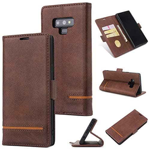 AKOPUGA Compatible with Samsung Galaxy Note 9 Wallet Case, PU Leather Flip Folio Case, Full Body Protective Case w/Card Holder/Cash Slots Magnetic Closure Cover for Galaxy Note 9 Dark Brown