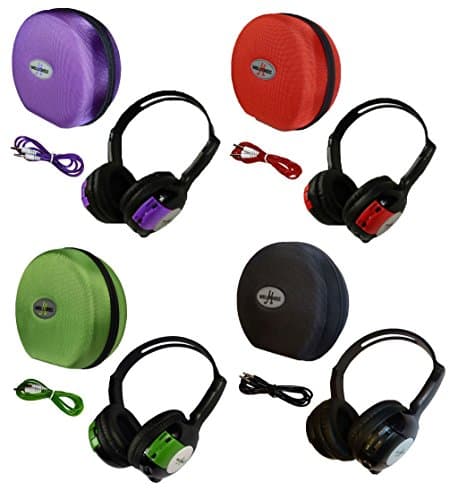 4 Pack Kid Sized Wireless Infrared Universal Car DVD IR Automotive Colored Adjustable 2 Channel Headphones With Case and 3.5mm Auxiliary Cord