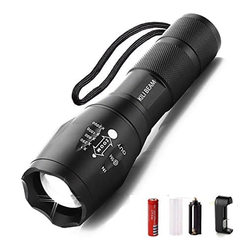 Flashlight A100 Portable KILI BEAM Bright Handheld LED Flashlight with Adjustable Focus and 5 Light Modes Tactical Flashlight with Rechargeable 18650 2800mAh Battery (red)