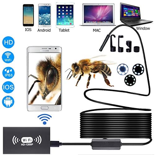 Wireless Endoscope 1200P WIFI Borescope for iPhone/ Android, 8mm Inspection HD Camera Waterproof Semi-rigid Snake Cable for IOS/MAC/Windows Black 5M(16.4FT)