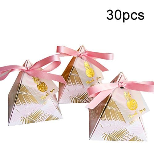 30Pcs Pink Pineapple Triangular flower feather paper chocolate Candy Boxes Wedding decor Favors Party Chocolate Gift bag With Ribbons Tags
