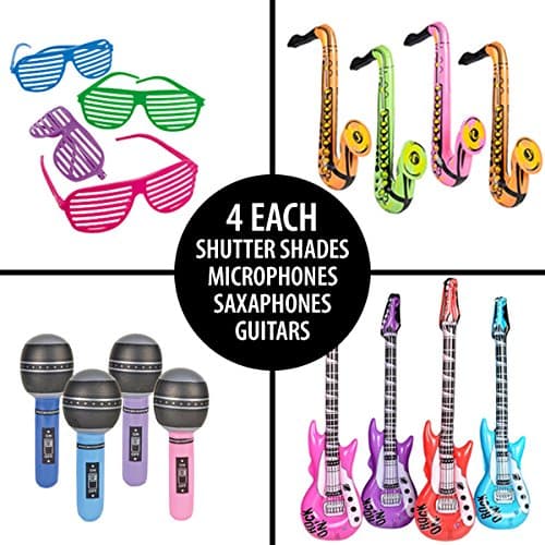 16 Piece Inflatable Band Set - Inflatable Instruments Includes (4) Guitars (4) Saxophones (4) Microphones (4) Shutter Shades
