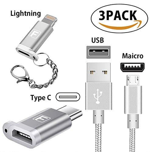 USB Charging Cables Micro / Lightning/Type C Adapte 3Pieces iPhone Charger 8 pin USB Charger Cord, Compatible with iPhone 8/8 Plus 7/7 Plus/6s/6s Plus/6/6 Plus/5/5S/5C/SE/iPad and iPod (SILVER)
