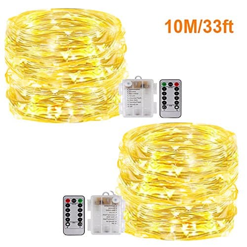Fairy String Lights with Remote,[2Pack 33Ft] Vikdio Waterproof 100 LEDs Starry Lights 8 Modes Battery Operated Silver Wire Fairy Rope Lights for DIY Wedding Party, Bedroom, Patio, Garden (Warm White)
