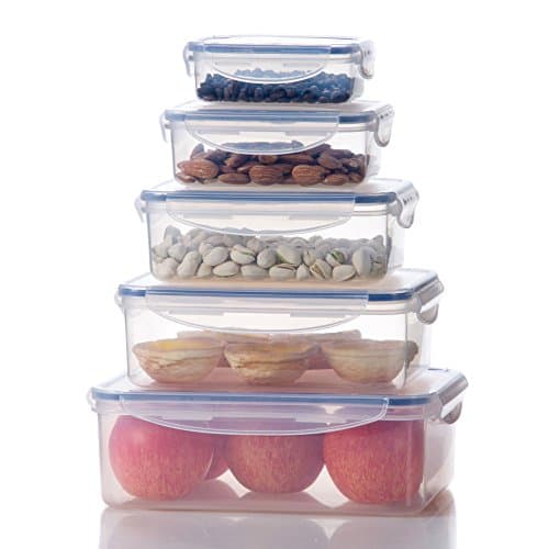 Bellaware Plastic Food Storage Container with Airtight lids, Stackable Lunch Bento Box Set of 5, Blue