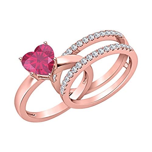 Lovely 3.00 ct.tw Heart Shaped Created Ruby with White Sapphire 14K Rose Gold Plated Enhancer Wedding Set