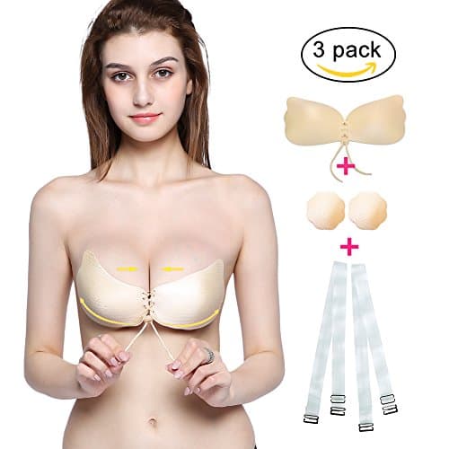 [New Version] Adhesive Push-up Bra Sexy Strapless Self Drawstring Bras For Women 3 Pack,Nude Cup A