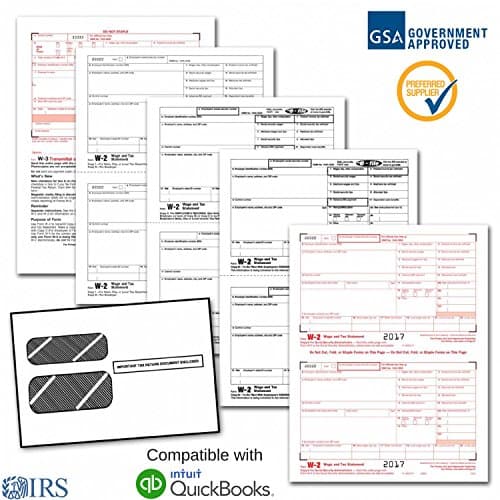 Employee W-2 Laser Forms (W2) (4-Part) Kit with Self Seal Envelopes for 25 Employees (2017) + 3 Free W-3 Transmittal Forms - IRS Aprroved