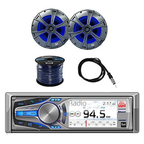 Dual Mechless Bluetooth Receiver iPod/iPhone Control with Dual 2-way Marine Speakers W/Blue Light LED Illumination Pair, Enrock Audio Marine Grade Spool of 50' 16G Speaker Wire &amp; Enrock Marine Antenna