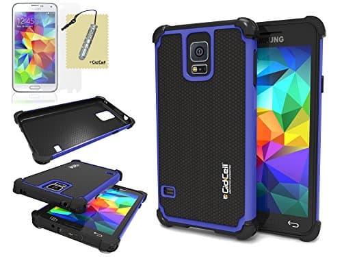 Galaxy S5 Case, Cover - Double Armor Two Layer Hybrid With Soft Silicone Rubber Inside And Detachable Hard Polycarbonate (PC) Plastic Outside Shell, Shockproof, Heavy Duty, Low Profile, Attractive Appearance, by GidCell - [Includes: 1 Case, 1 Screen Protector, 1 Stylus Pen, 1 Cleaning Cloth] – [Blue]