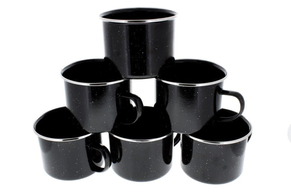 Enamel Campfire Coffee Mug Set (6 Pack) Ceramic Cups with Black Speckled Finish and Silver Metal Rim - Cabin Coffee Drinkware Set - Durable and Stainless Enamelware Dishes Ideal Camping Gift (16 oz)