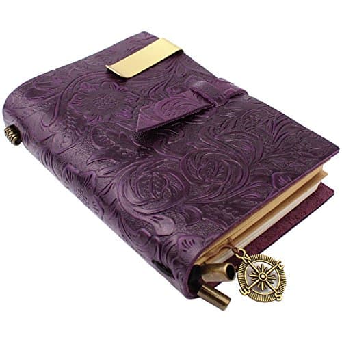 LXFF Handmade Leather Journal Notebook Diary Refillable Notebooks (180 Pages) - 5.5 x 4 inches - Perfect Gift for Women Purple Flower Embossed