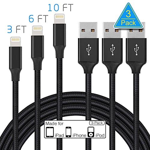 Lightning Charge Cable, Mugoo 3Pack 3FT 6FT 10FT Nylon Braided 8 pin iphone Charging Cables USB Charger Cord Tear and Bend, Compatible with iPhone X/8/8Plus/7/7 Plus/6s/6s Plus/6/6 Plus/5/5S /iPad