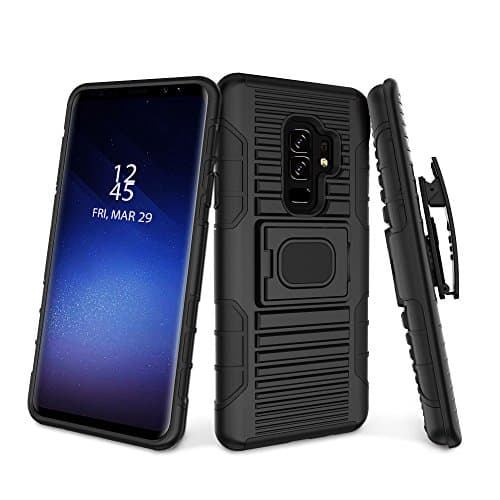 Samsung Galaxy S9 Plus Case with Raised Lip for Screen Protector, Reinforced Kickstand, Ring, Magnet Mount, Belt Clip/Holster, Protective Cover from Drop, Anti Scratch, Made with TPU+PC Hybrid, Black